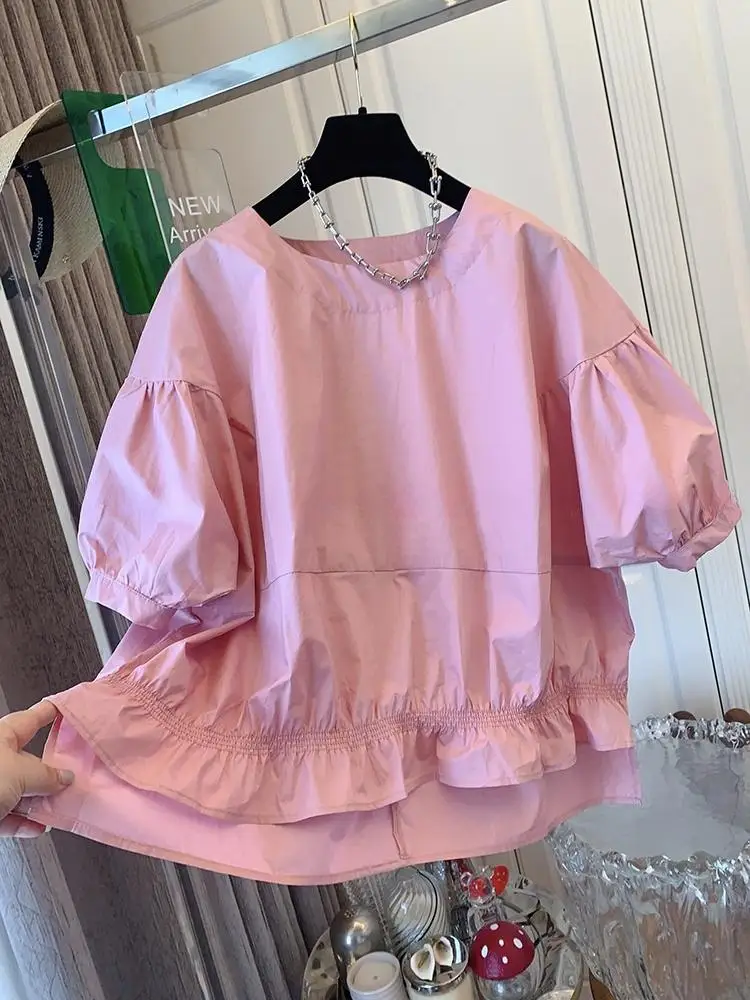 

2024 Summer Blouse Women Tops Korean Fashion O-Neck Puff Short Sleeve Ruffled Loose Casual Shirt Female Clothing Blusas De Mujer