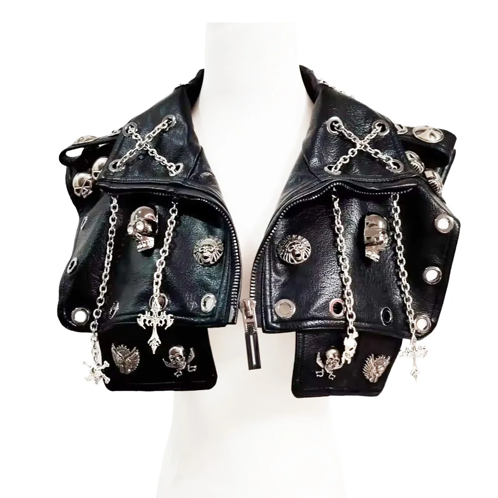 2026 rock punk motorcycle black PU leather vest. Men's and women's metal chain skull rivet zipper rock vest Ultra short vest