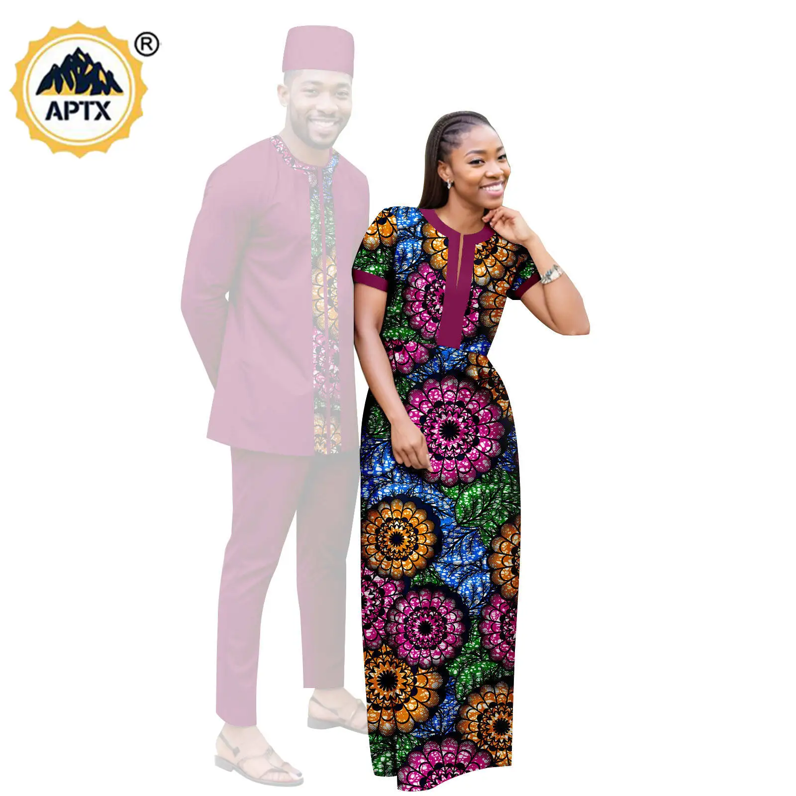 Dashiki African Clothes Print Long Dresses for Women Matching Couple Outfits Bazin Riche Men Hat Top Tee and Pant Sets Y23C119