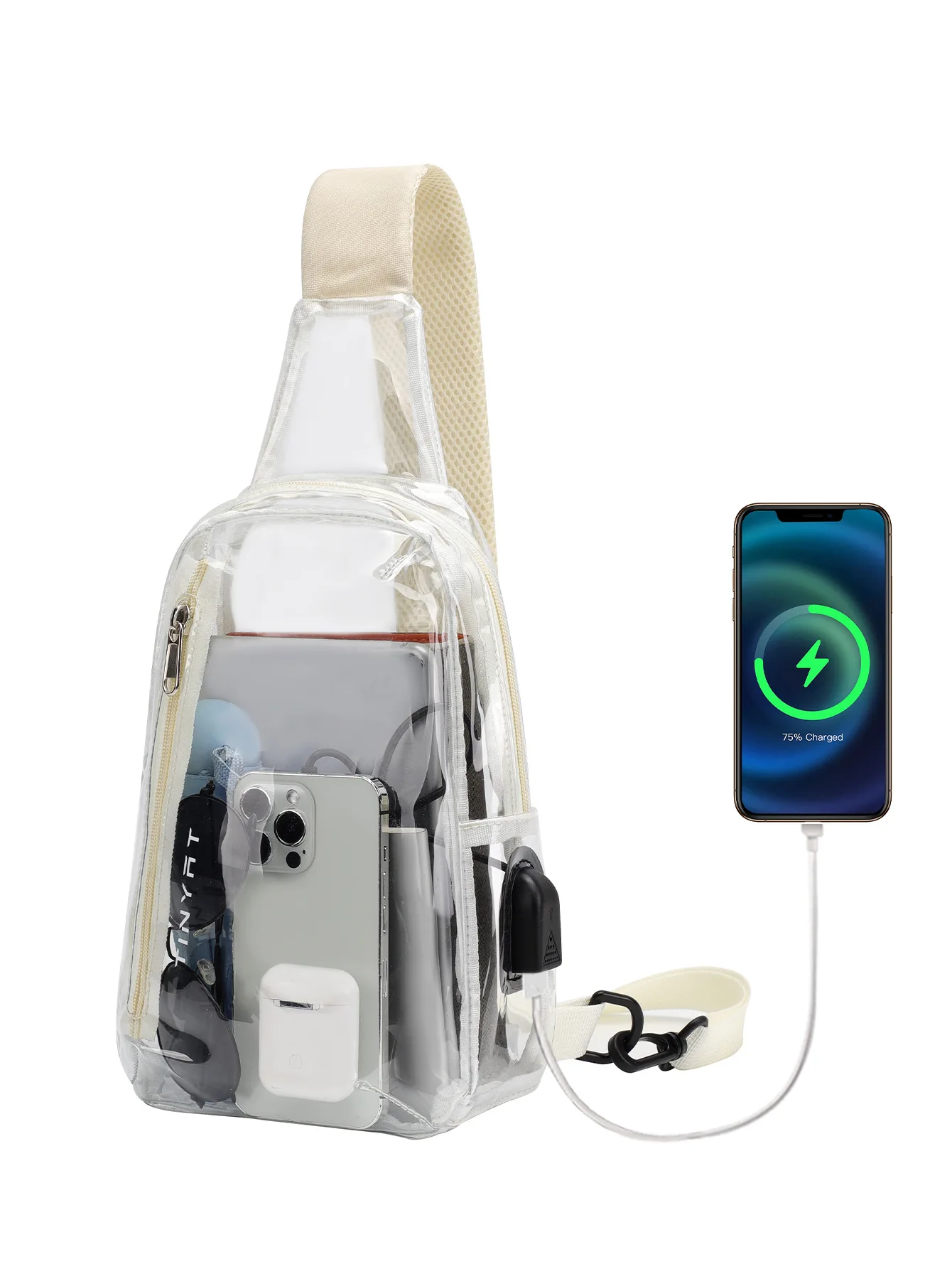 جديد وصول للجنسين أكياس PVC الرجال شفافة حقيبة كتف مقاومة للماء USB قابلة للشحن حقيبة كروسبودي عصرية