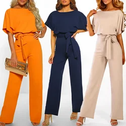 Women Summer Jumpsuit 2023 Short Sleeve Elegant Jumpsuit Long Wide Leg Pants High Waist Casual Bodysuit Plus Size Overalls Loose