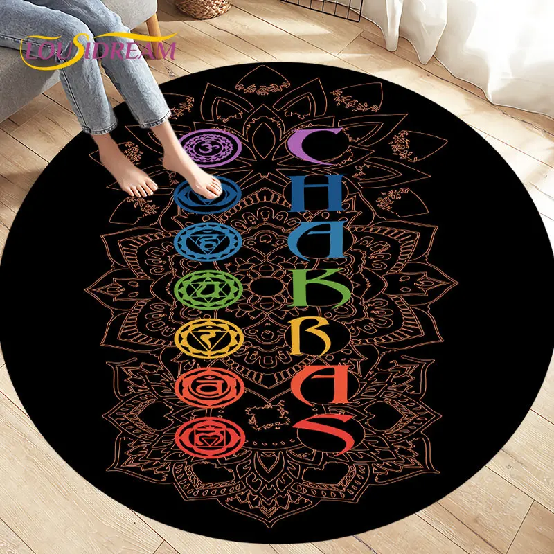 Rainbow 7 Chakra Mandala Bohemia Round Area Rug,Circle Carpet Rug for Living Room Bedroom Decor,Soft Yoga Non-slip Floor Mat