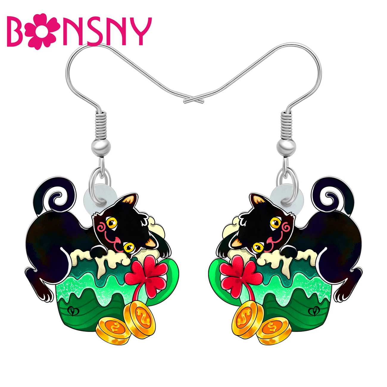 BONSNY Acrylic St Patricks Day Black Cat Earrings Irish Green Clover Cupcake Cartoon Kitten Animals Jewelry For Women Pet Lovers