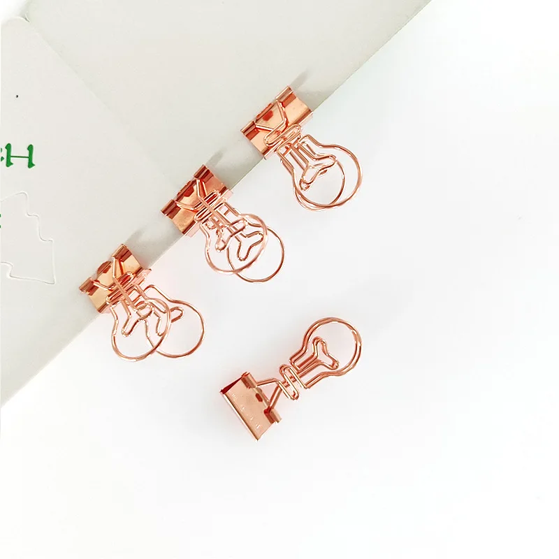 Rose Gold Lamp Shape Binder Clips Bulb Shape Long Tail Clip Cute Office Supplies Long Tail Clip Metal Ticket Clip Paper Binders