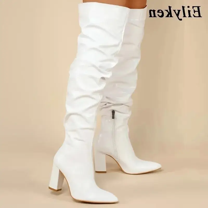 Eilyken Winter Women Over-the-Knee Boots Punk Style Square High Heel Zipper Shoes Pleated Pointed Toe Ladies Long Booties