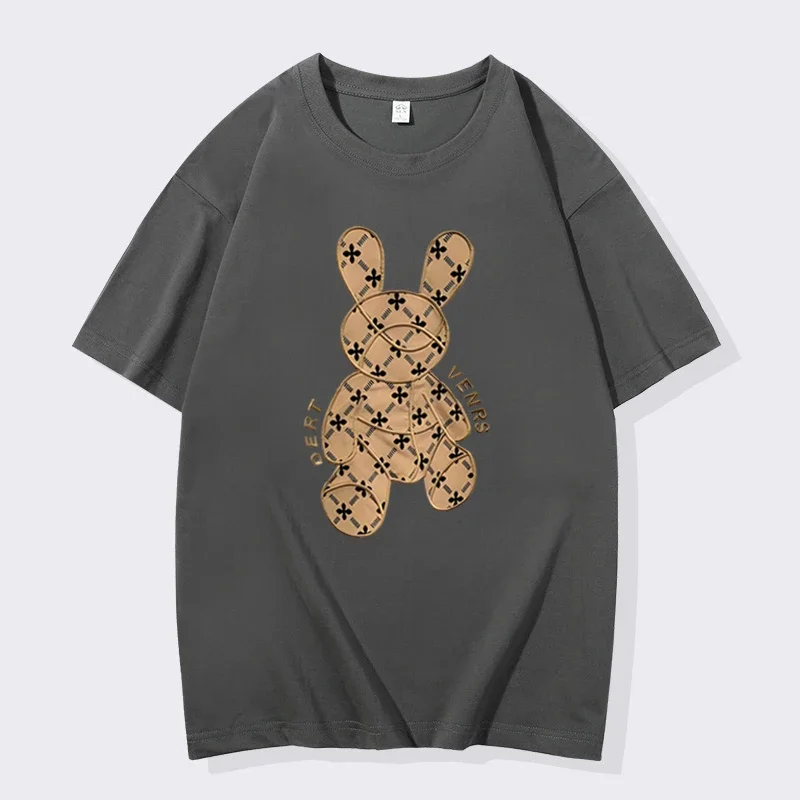 Spring Summer Men\'s Loose Casual Breathable T-Shirt 100% Cotton Clothing Bear Print Streetwear Women\'s Crew Neck Top