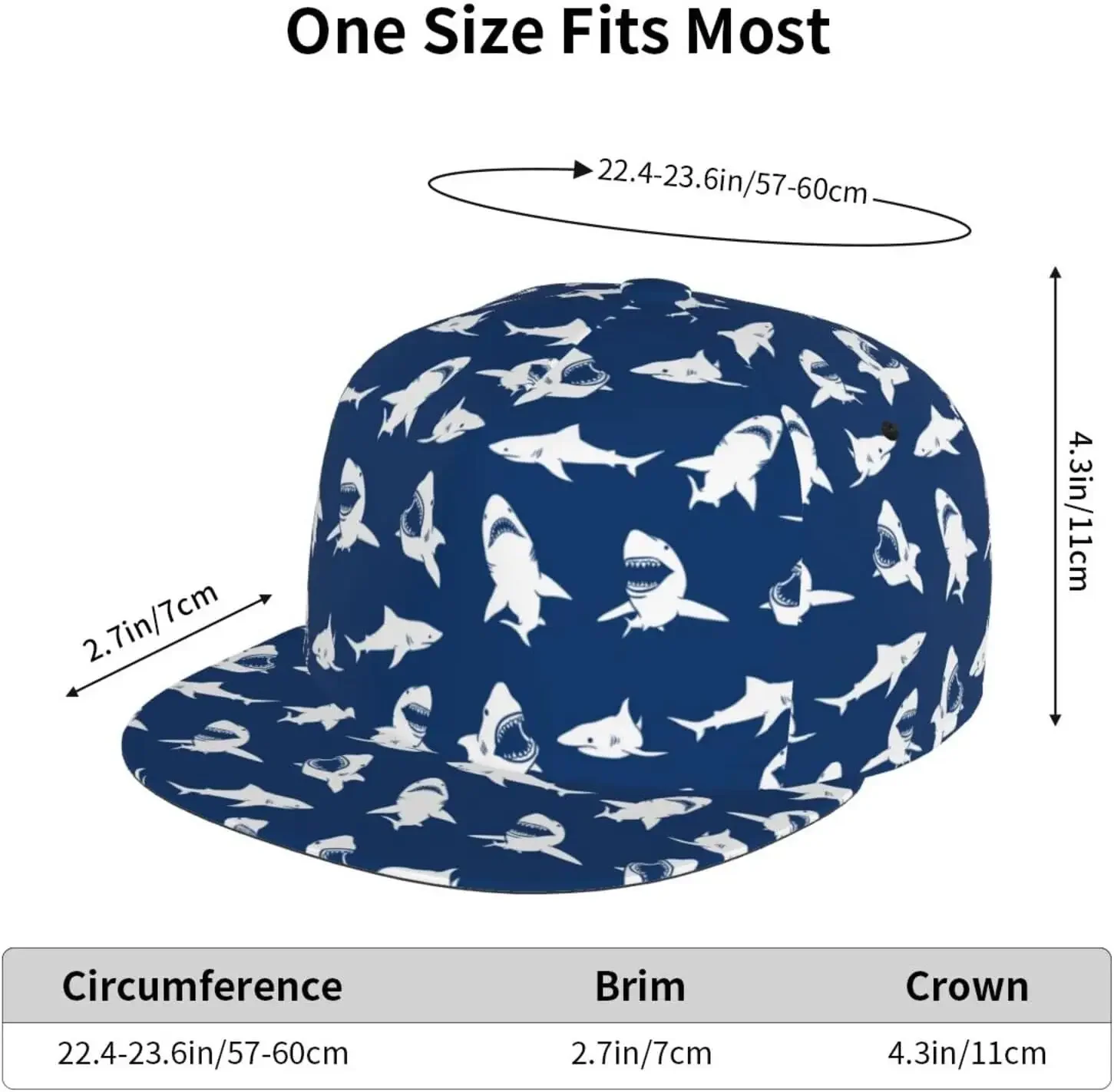 Cute Shark Fierce Blue Pattern Flat Bill Hat, unisex Snapback Baseball Cap Hip Hop Style Flat Visor Blank Adjustable
