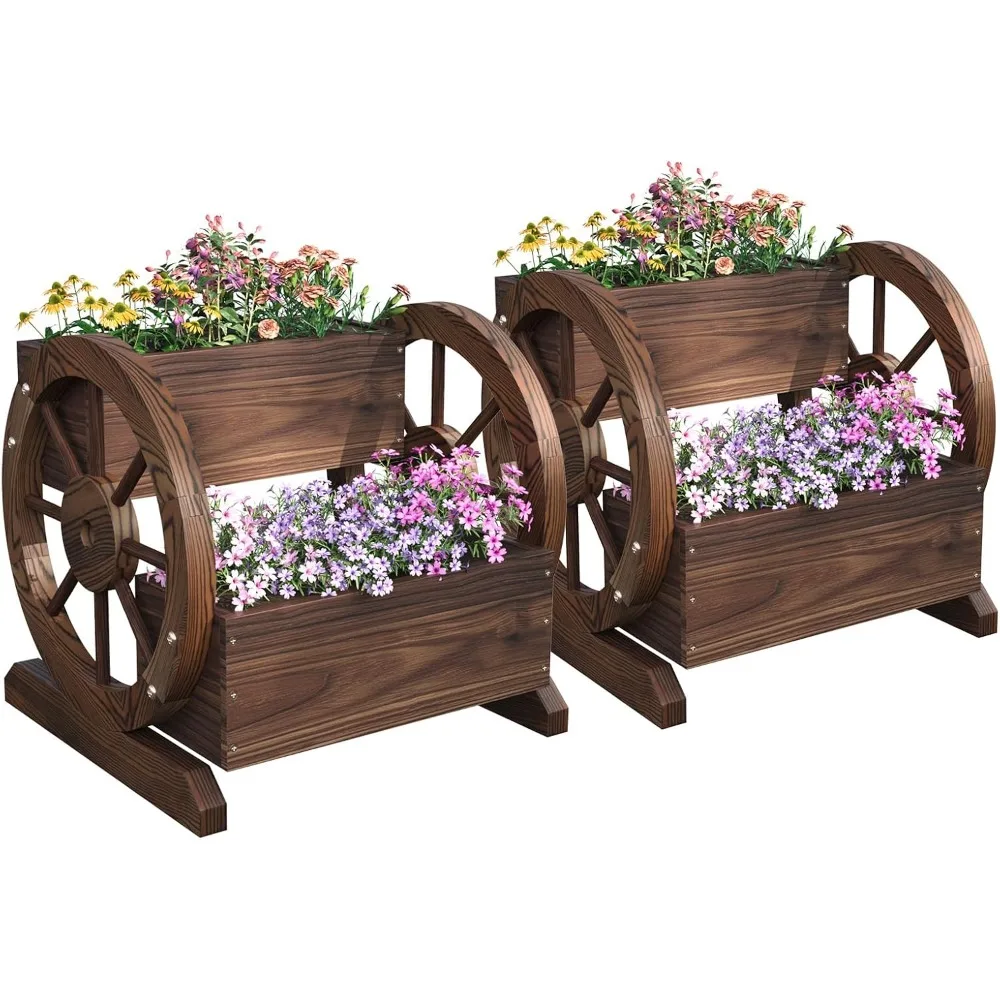 

Aoxun 2 Pcs Wooden Wagon Planter Box, 2 Tier Planter for Outdoor Plants, Garden Decor for Outside, Flower Pots, Patio Decoration