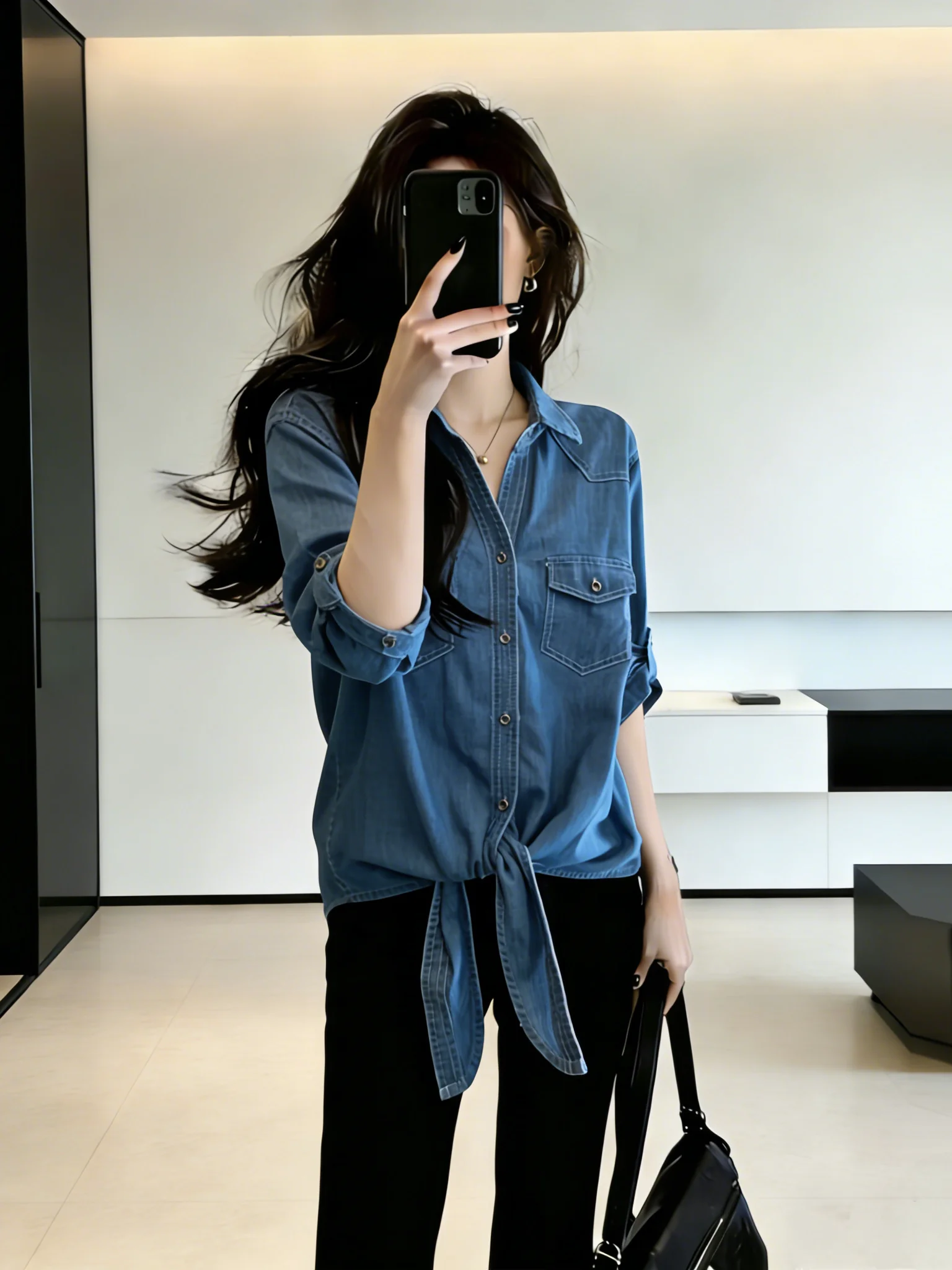 

Retro Hong Kong Style V-neck Denim Shirt Women's Loose Fit Long Sleeve Belted Waist Tie Top Summer New Arrival