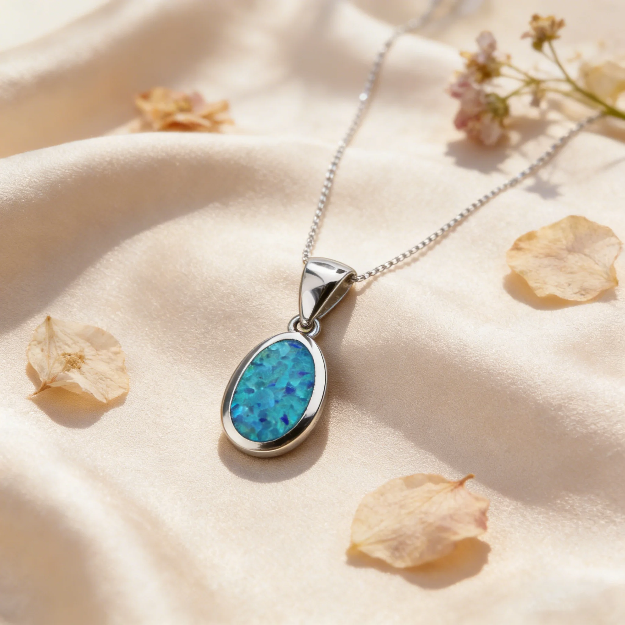 October Birthstone Pendant Necklace, Blue Opal in White K Plated Chain,Iridescent Oval Gemstone Jewelry,Dainty Gifts for Women