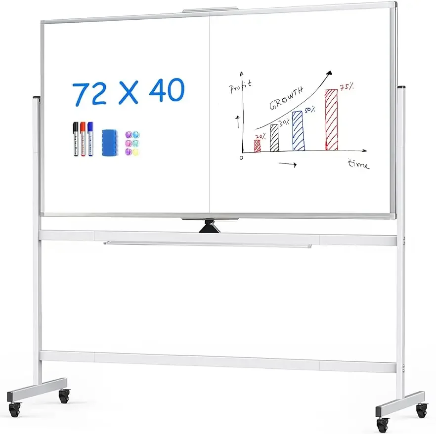 maxtek 72 x 40 Double Sided Rolling Whiteboard, Mobile Whiteboard Magnetic White Board - Large Reversible Dry Erase Board Easel