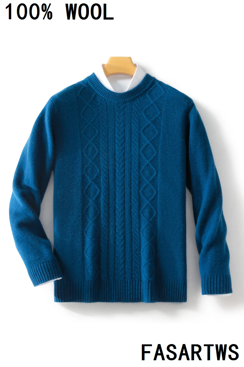 100% suéter de lana australiana, jersey de manga larga con cuello redondo, Otoño Invierno, suéter suave de Jacquard grueso y cálido para hombre, estilo informal
