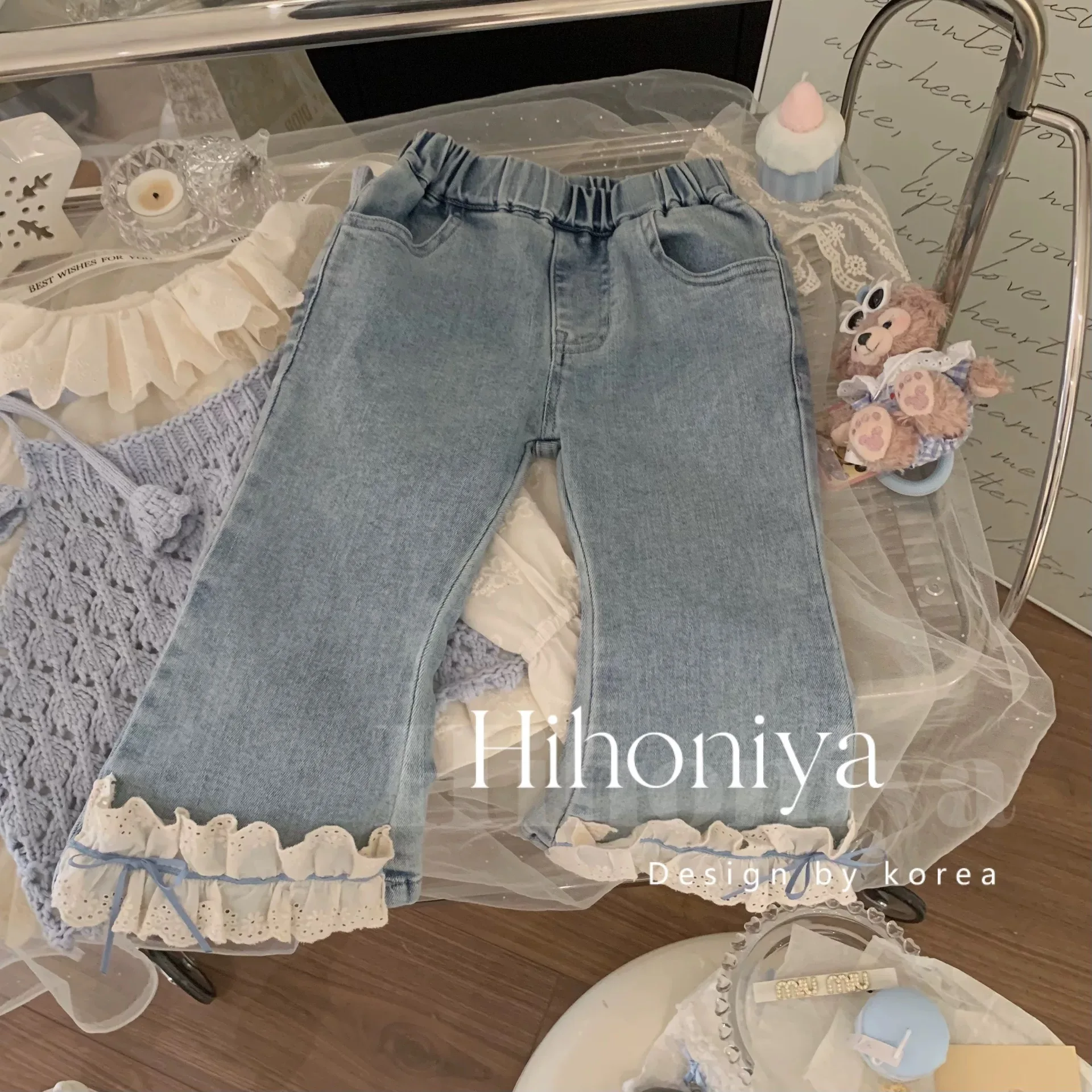 Girls Pants 2025 Spring and Autumn New Soft Jeans for Baby Girls Childrens Korean Lace Casual Pants
