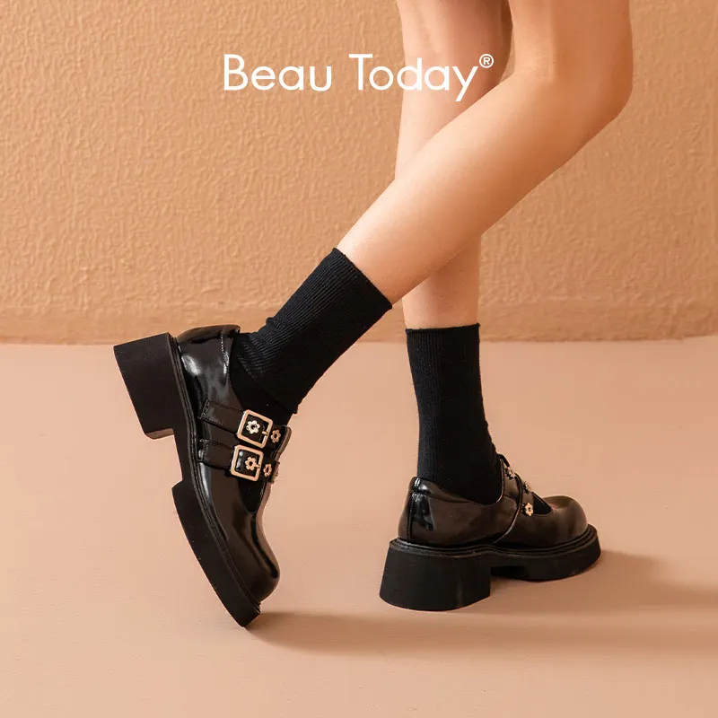 

BeauToday Mary Janes Women Genuine Cow Leather Round Toe Metal Eyelet Double Buckle Strap Female Platform Flats Handmade 28434