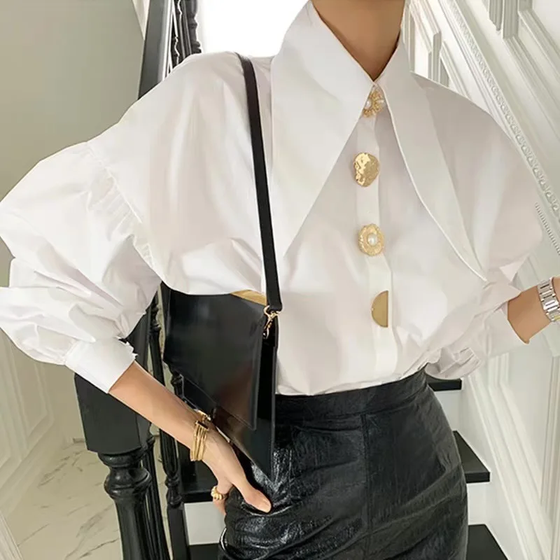 Pointed lapel fashionable metal contrasting button long sleeved shirt  blusas  shirts for women  womens tops