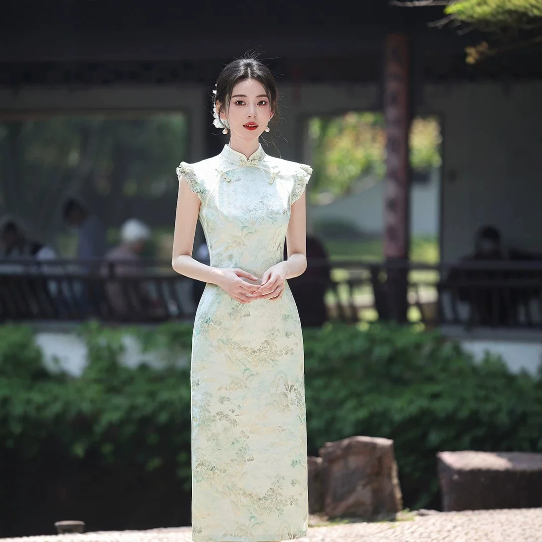 Green Chinese Style Long Style Modified Cheongsam 2026 New Young Style Women's Retro Slim Fit Summer Girl Qipao