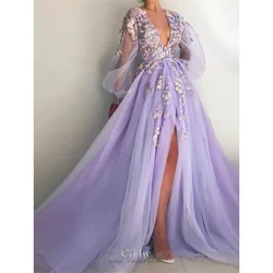 Cathy Lavender Tulle Wedding Dress V-neck Puffy Sleeves فساتين سهرة Lace Embroidery Side High Split vestidos de fiesta 2024