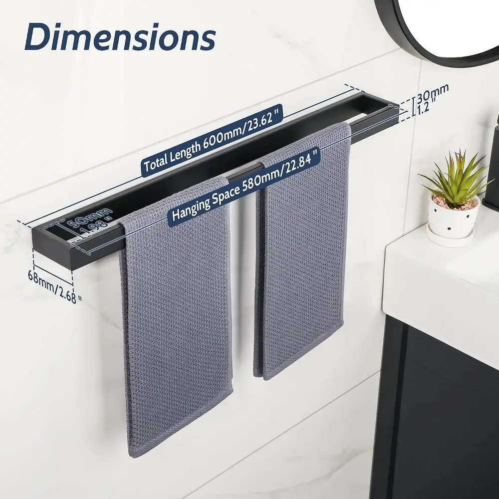 Matte Black Towel Bar, 24 Inch Hand Towel Holder, Wall Mount Square Towel Ring, Stainless Steel Towel Rack view 6