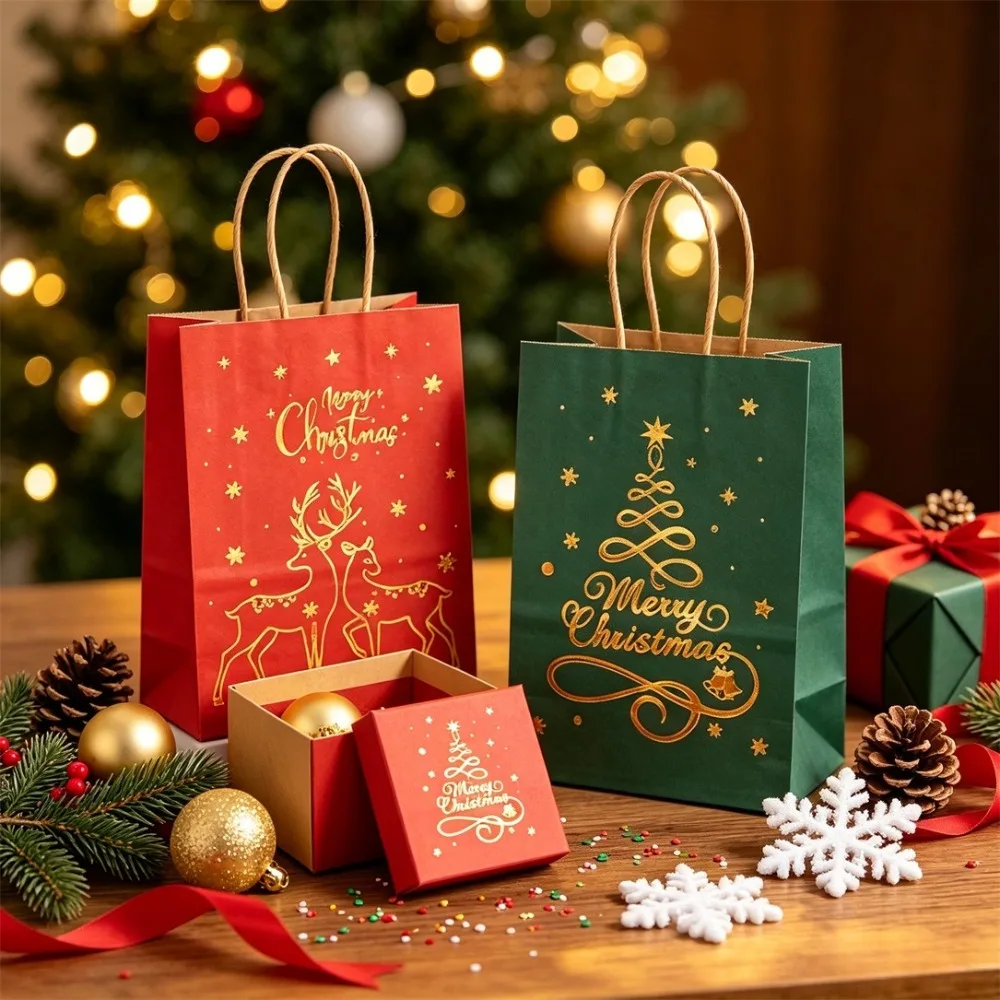 3/12 Pcs Christmas Gift Bag Set, Gold Tree Print Red Green Metallic Edge, Handled Holiday Gift Pouches image 2