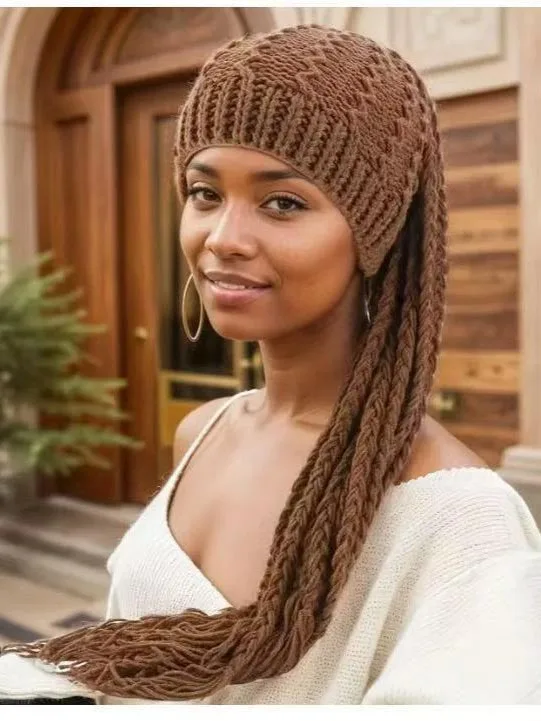Autumn Winter Crochet Faux Locs Dreadlock Braided Hat Stretchy Knit Beanie Thick Warm Knitted Hat Women Streetwear
