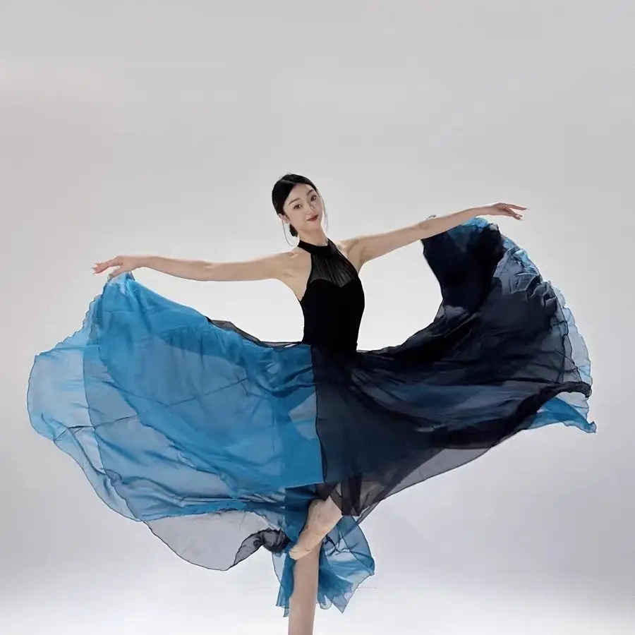 Vestido elegante para performance de dança, saia dupla camada de 720 graus com balanço grande para prática de dança clássica moderna