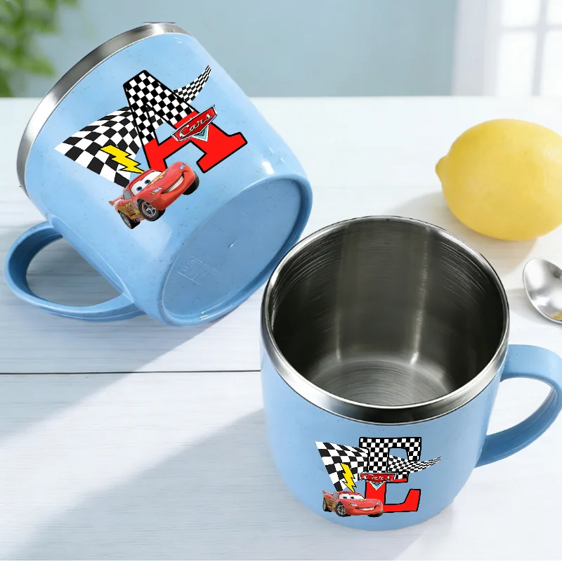 Vaso de Acero Inoxidable de Lightning McQueen con Letras de Anime de la A a la Z, Taza para Leche y Agua, Vaso Antiescaldante para Niños y Niñas