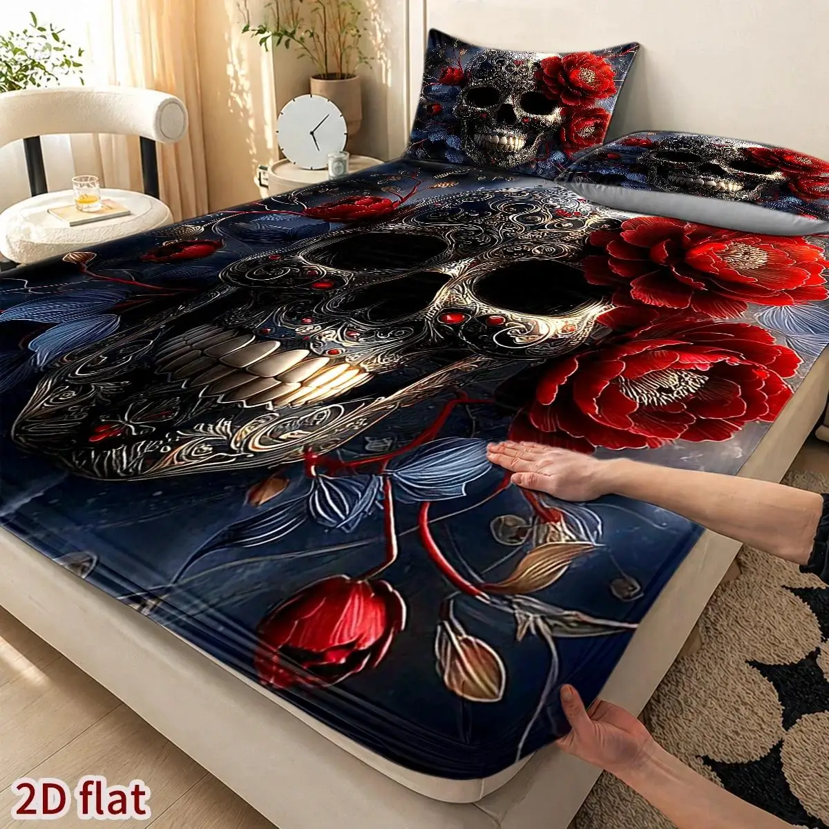 2D Flat Priting, Mattress Protector, Skull and Red Rose Theme, Dark Gothic Painting Style, Halloween Season, Suitable for All Seasons, Machine Washable, Universal for Home, Master Bedroom, Dormitory, Guest Room, Dustproof and Stain-Resistant, Easy to Store, High Elastic Fit, Soft and Comfortable, Enhances Bedroom Atmosphere, Three-Piece Mattress Protector Set