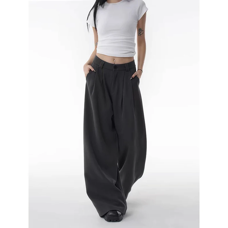 ZHIZOU Women Gray Suit Pants Baggy Y2k Emo Pants Harajuku Oversize Pants Japanese 2000s Style Vintage Wide Leg Trousers Autumn