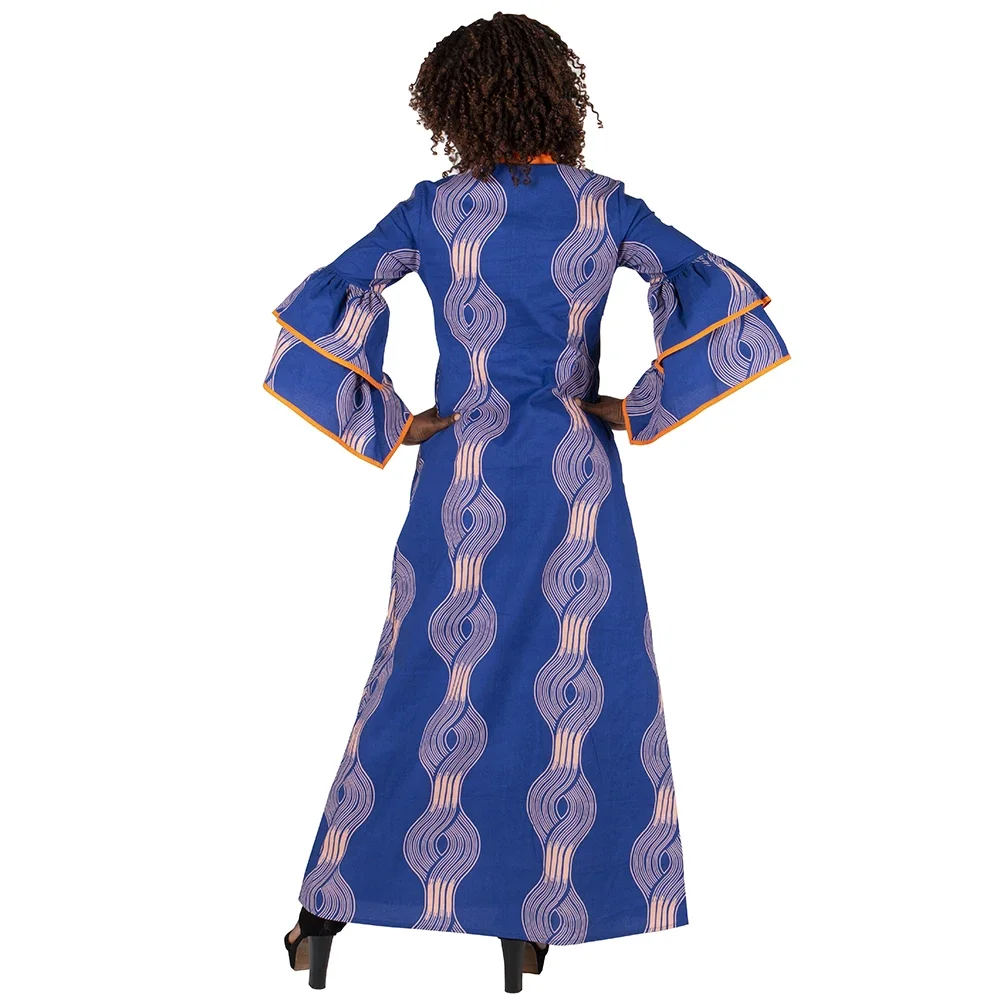 African Print Long Dresses for Women Cotton Ruffles Long Sleeve Dresses Vestidos African Design Church Causal Clothing WY3472