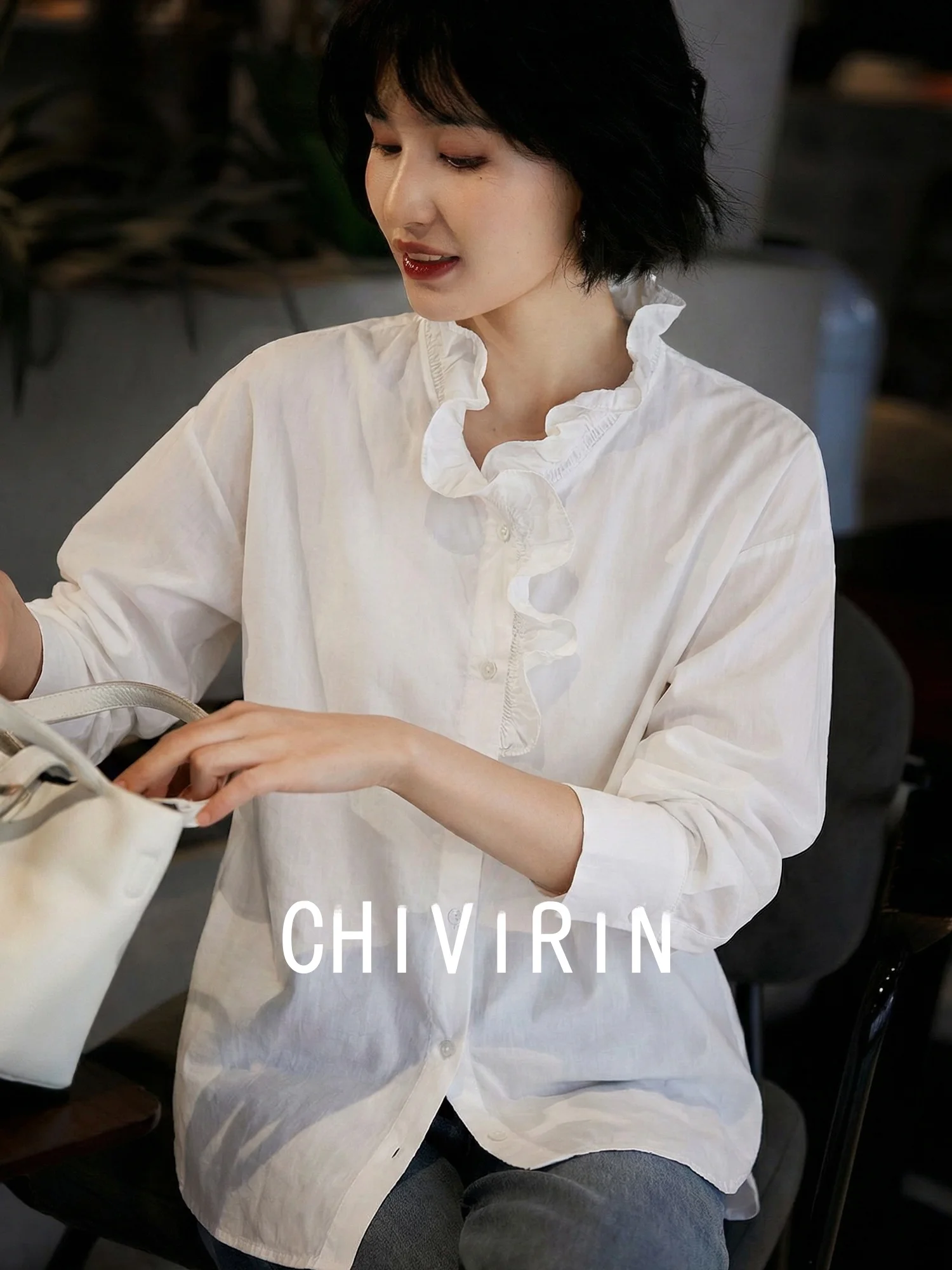 

Chivirin Gentle Wind White Loose Women's irt Spring 2026 New Sle Lace Collar Slimming Base Layer irt Cotton Long Sve