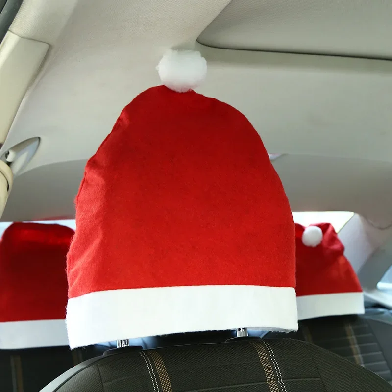 Christmas Car Headrest Cover Santa Hat Decoration Seat Protection Accessory for Auto Interior Holiday Ornaments and Gift Festive