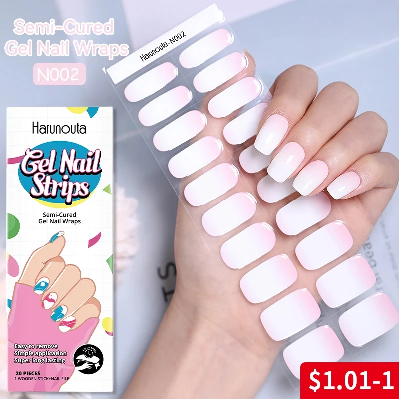 20Tips Pink White Gradient Semi-cured Gel Nail Wraps Sticker French Full Cover Nail Gel Polish Decals Manicure UV Lamp Needed