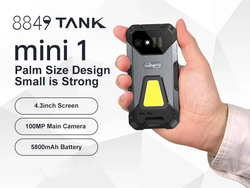Unihertz 8849 Tank Mini1 Rugged Mini Phone 4.3" Display Android 13, Helio G99 Octa Core, 16GB 256GB, 100MP Cameras, 5800mAh,IP68