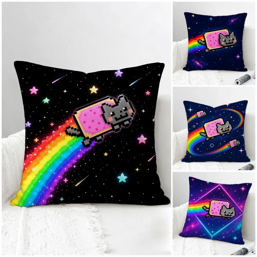 Meme Nyan Cat Cushion Cover Natural Linen Pillowcase Set, All-in-One Decor for Sofa, Bedroom & Chair