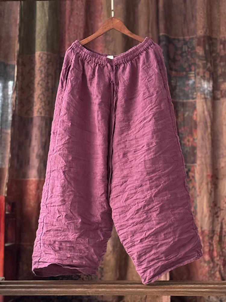 High Quality Cotton Linen Casual Pants Women New 2025 Spring Vintage Style Solid Color Female Ankle-length Harem Pants M494