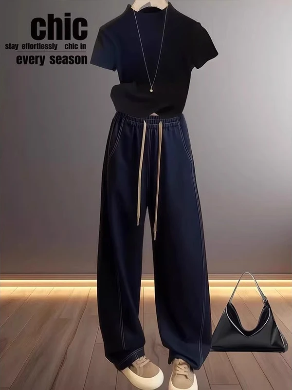 딥 블루 하이웨이스트 와이드 레그 진 여성용 가을 신상 슬림핏 바지 편안한 루즈핏 데님