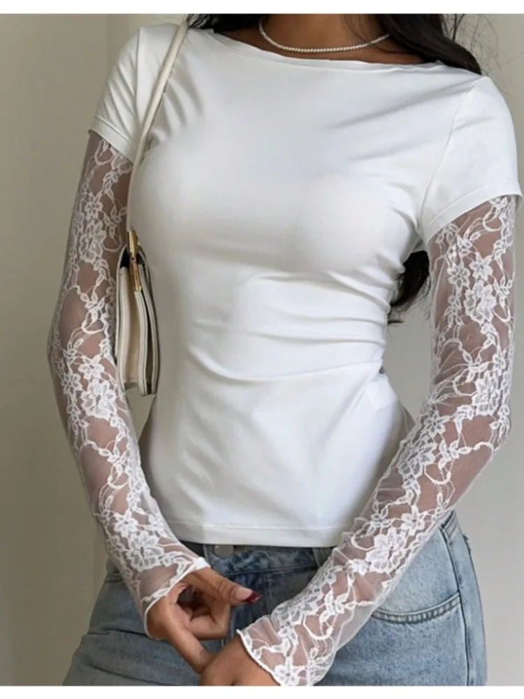 Women's Lace Spliced ​​Long Sleeve T-Shirt New Sexy Slim Top T Shirt Fashion O Neck Elegant Casual Tee Shirt Femme Summer