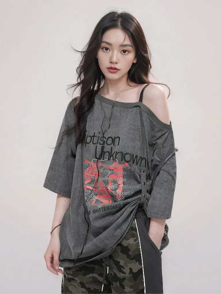 Rétro Hong Kong Sle ort Sve T-irt femmes été 2025 ample Sexy oulder Bared décontracté coton imprimé haut pour les jeunes femmes