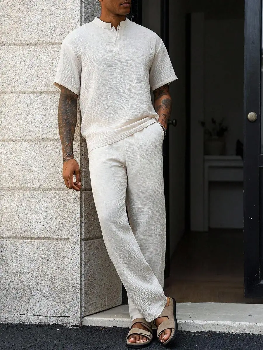 

Mens Textured Stand Collar Shirt And Pants Co-Ord Set Summer Casual