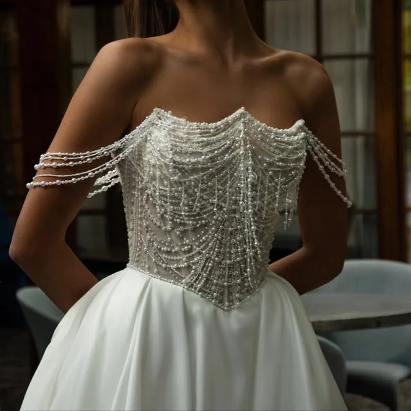 

Satin White Appliques Wedding Dresses off-shoulder A-line Long tail pearl decoration decal Bridal Gowns Made Customized