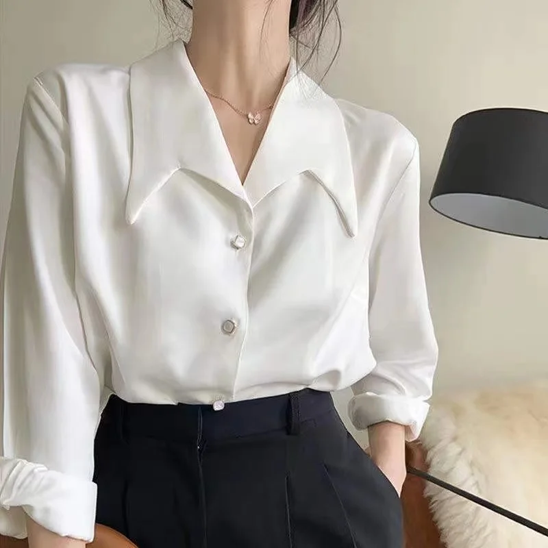 French Style Turn Down Collar Chiffon White Shirt Spring Professional Commuting Formal Tops Elegant Solid Color Blouse Blusas