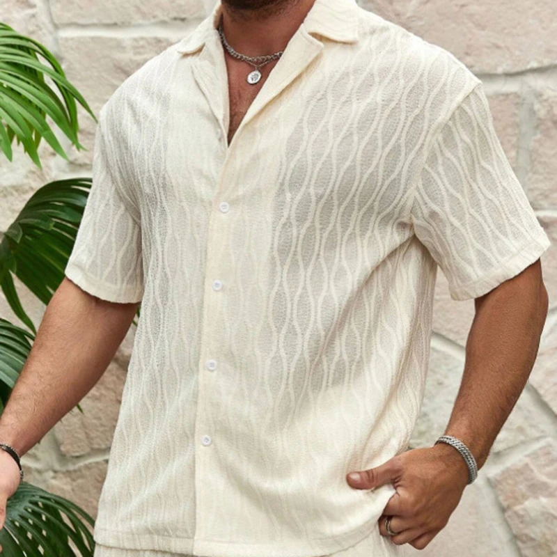 Stylish Mesh Lace See Through Shirts Men Vintage Turn-down Collar Buttoned Shirt 2024 Summer Casual Short Sleeve Mesh Cardigans