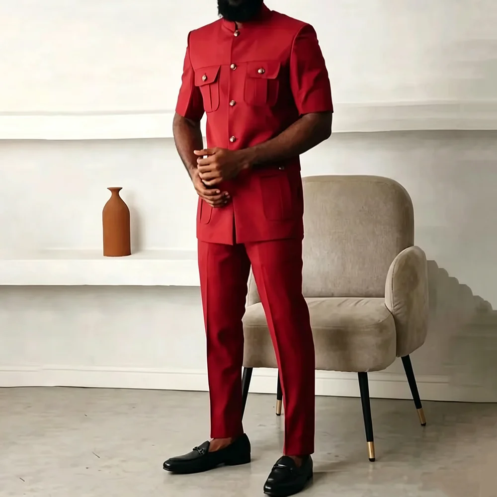 Vintage Red Men 2 Piece Suit Single Breasted Formal Groom Wedding Jacket Blazer Pants Set Business Banquet Tuxedos Customized
