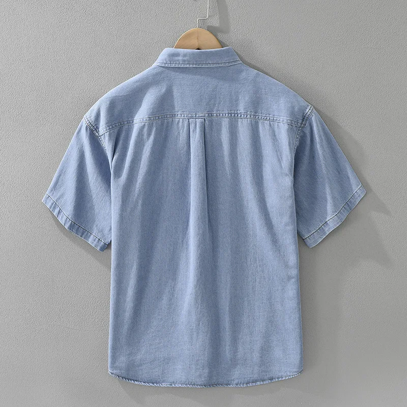 Korean Fashion Men Denim Shirt Short Sleeve Summer Vintage Jean Shirts Male Lapel Pocket Pure Cotton Button Up Shirt Loose Tops