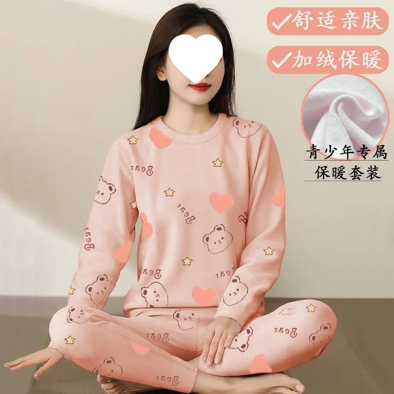 قميص سفلي دافئ مخملي للخريف والشتاء، يرتدي ملابس داخلية دافئة للفتيات، ملابس خريفية غير رسمية برسوم كارتونية، سراويل خريفية، #2