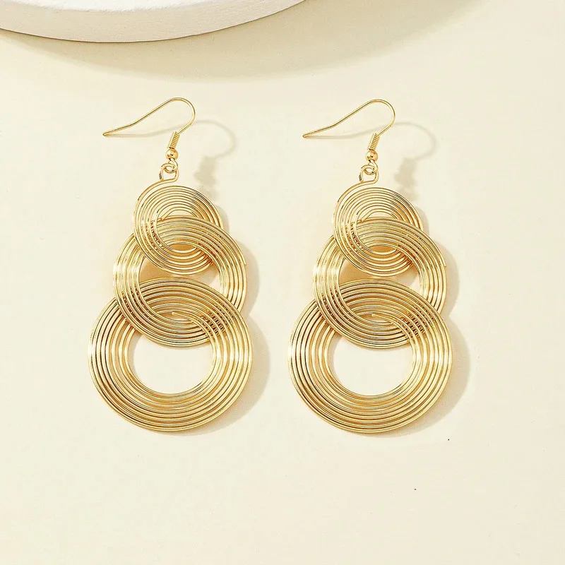 Mode exagérer trois cercles multicouches boucle d'oreille pour les femmes longue couleur or bijoux tempérament cadeau de mariage de noël