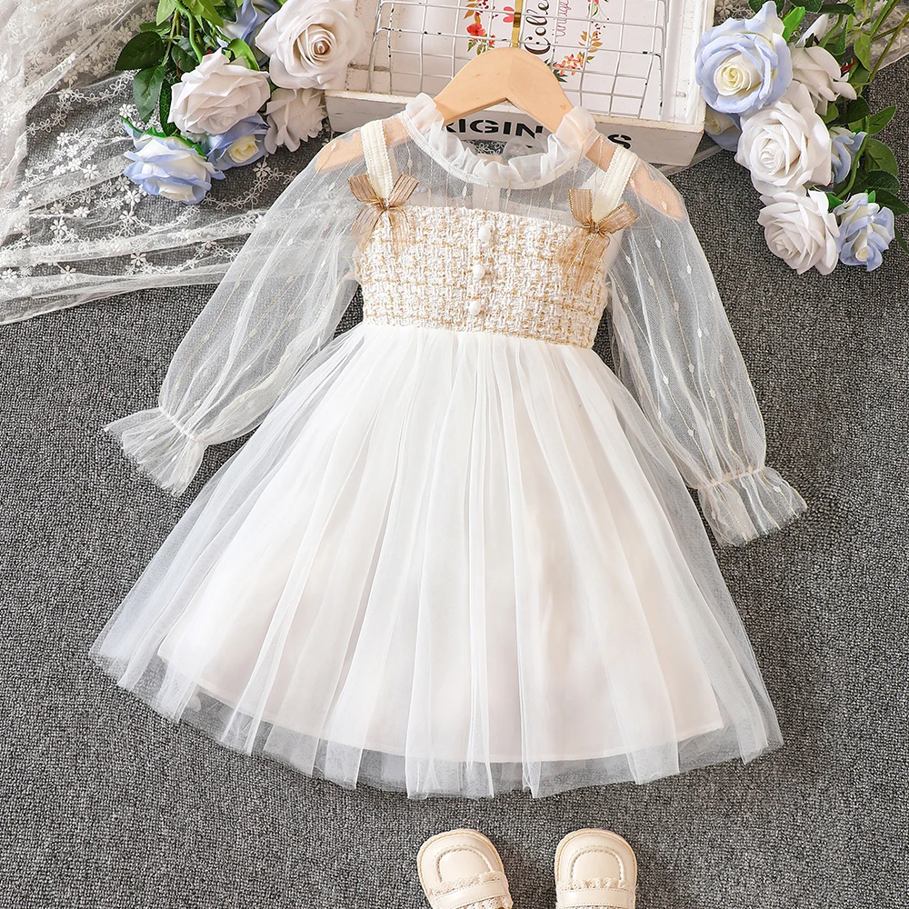 Girl's Spring and Autumn Long Sleeve Small Fragrant Wind Puffy Mesh Dress