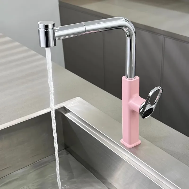

Pull Out Kitchen Faucet Single Lever Brass Rotation Hot and Cold Pink Chrome Water Saving Decked Sink Mixer Tap New Fashion