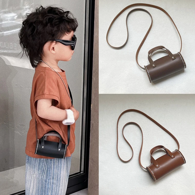 Solid PU Shoulder Bag for Boy and Girls Children's Classic Cylindrical Leather Bags Versatile Fashion Bag kids Accessories