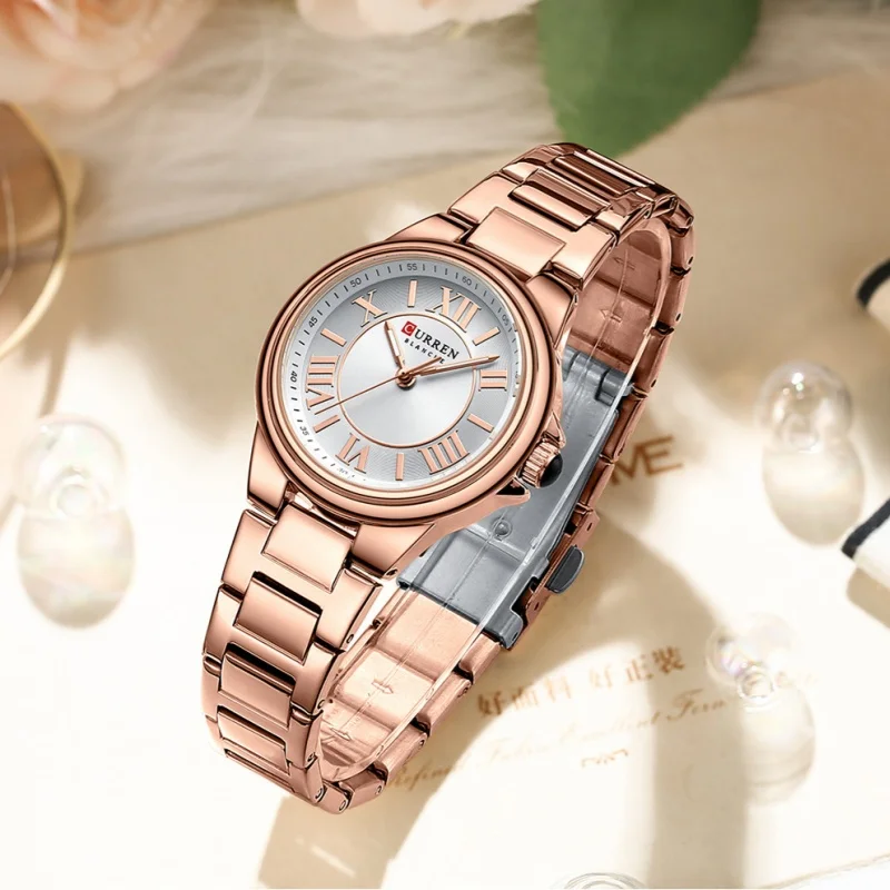 CURREN 9091 Women\'s Fashion Quartz Watch Stainless Steel Waterproof Rose Gold Clocks Lady Simple Roman Casual Watches for Women